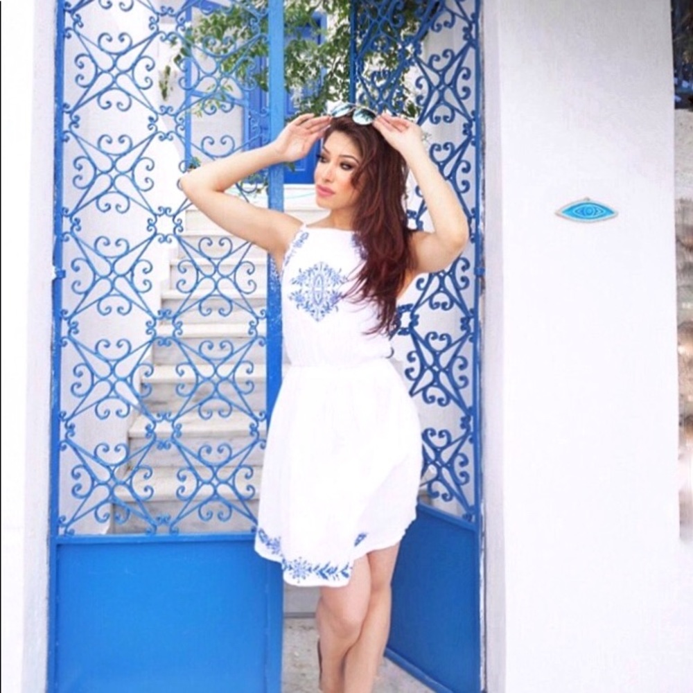 Boohoo white and blue embroidered dress
